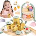 Wooden Tea Party Set for Little Girls, Toddler Tea Set with Cupcake Stand & Food Dessert, Pretend Play Food Kitchen Accessories for Kids Girls Age 2 3 4 5 6 Birthday Gift Wood Educational Toys