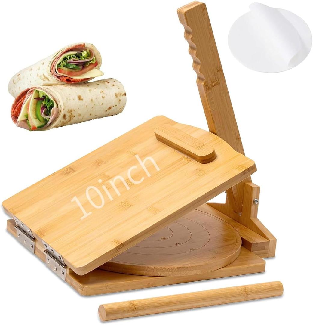 Wooden Tortilla Press,10 Inches Rotatable Prensa Para Tortillas with 50 Pcs Parchment Paper,Heavy Duty Prensa Para Tortillas with Rolling Pin,for Mexican Tortillas Roti Burrito, Taco Pataconera