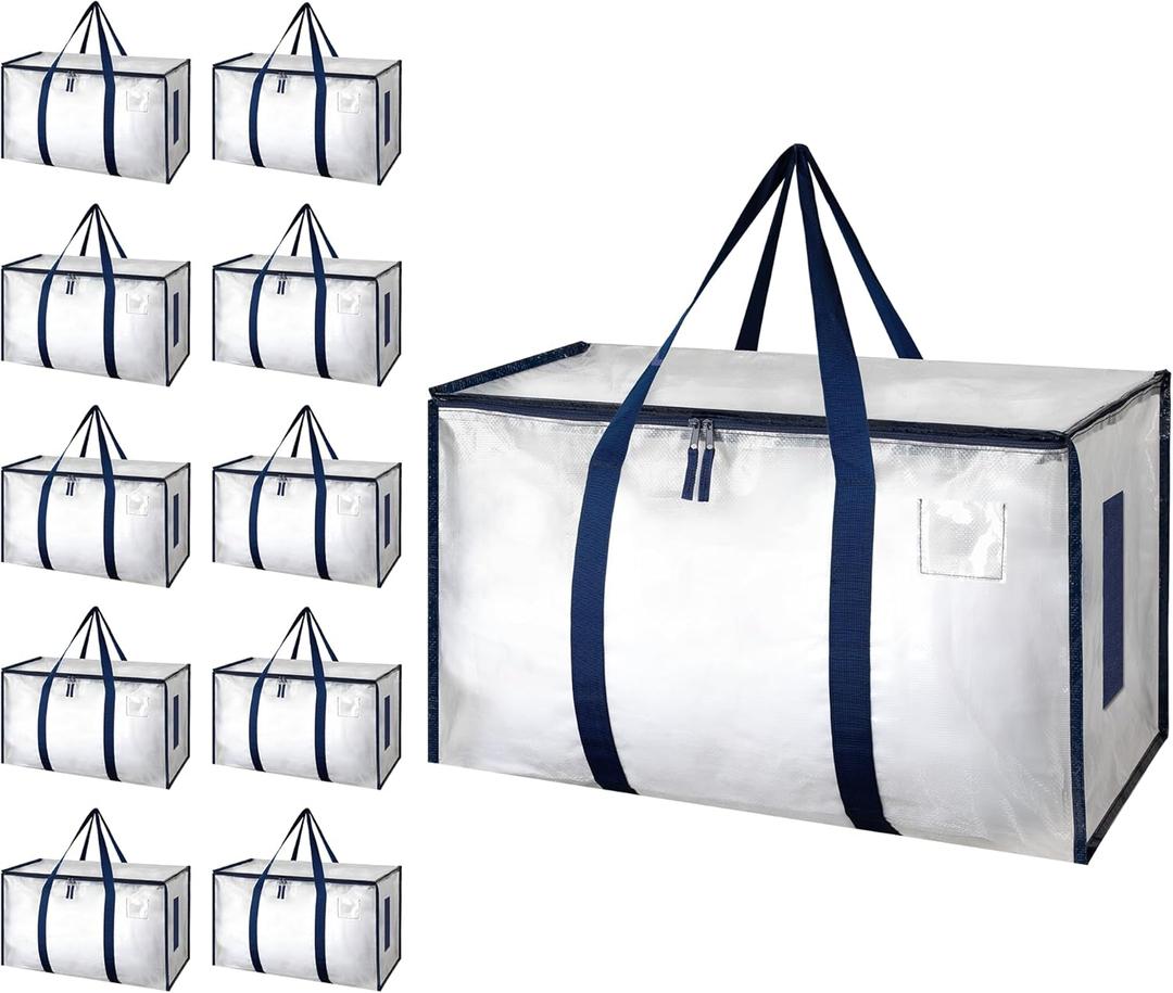 Simple Deluxe 10 Pack Heavy Duty Moving Bags with Reinforced Zippers & Comfortable Handles, Extra Large Foldable Storage Totes for Clothes, College Dorm, White