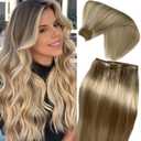 Sew in Hair Extensions Human Hair Ash Blonde to Blonde Highlights Hand Tied Wefts Hair Extensions Blonde Highlights Hair Bundles Remy Hair Sew in Beaded Wefted Extensions 18Inch 80Gram for Women