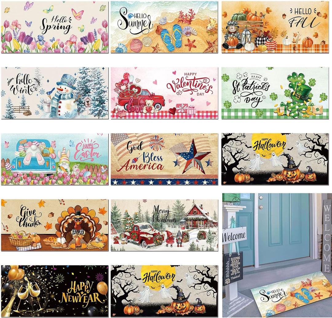 Tinideya 12 Pcs Seasonal Doormats for All Season and Holiday 10 x 22 Inches Cute Holiday Welcome Doormats Decorative Festival Indoor Outdoor Non Slip Mats for All Holidays(Classic Style)