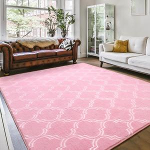Amearea Fluffy Indoor Trellis Rug, Soft Moroccan Home Rugs for Bedroom, Shag Modern Area Rug for Living Room Kids Room Nursery, Easy Clean, Home Decor Low Pile Carpet, Pink 4x6 Feet