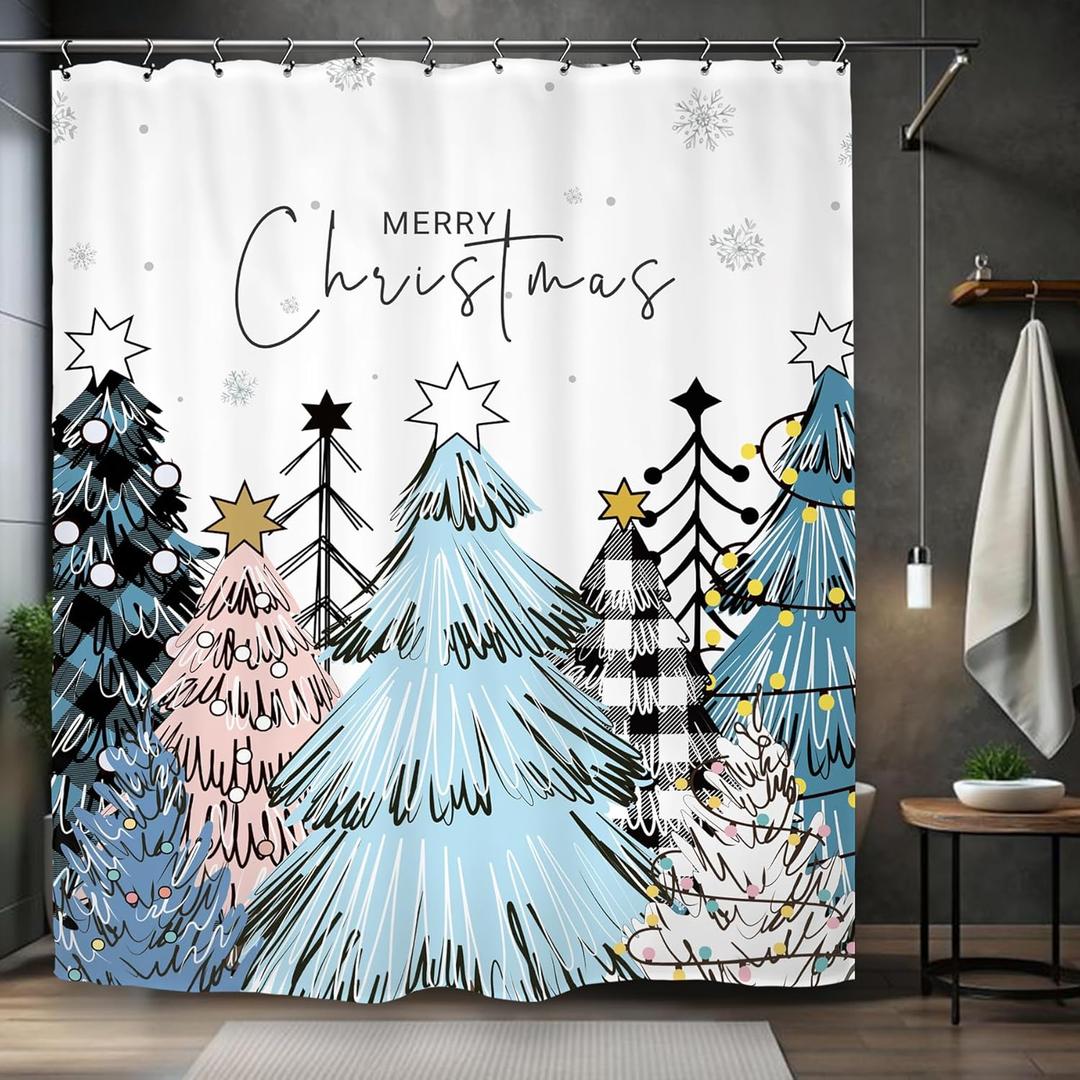 Merry Christmas Abstract Tree Shower Curtain 60Wx72L Buffalo Check Plaid Xmas Winter New Year Holiday Snowflake Pink Blue Bathroom Set Accessories Decor with 12 Pack Hooks