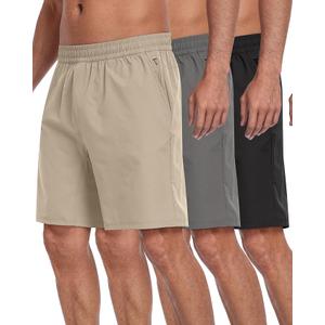 PARISDIARY 3 Pack Men's Athletic Running Shorts with Zipper Pockets,Quick Dry Gym Workout Basketball Hiking Shorts for Men (L, 3 Packs-/ Dark Gray/Khaki)