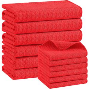 Homaxy Microfiber Waffle Weave Kitchen Towels Set, 16 x 28 Inch and 12 x 12 Inch Ultra Absorbent and Solid Color Dish Towels, 12 Pack, Red