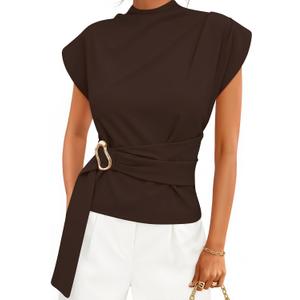 ZESICA Women's 2026 Summer Cap Sleeve Blouse Mock Neck Business Casual Tops Spring Dressy Tunic Work Shirts, medium
