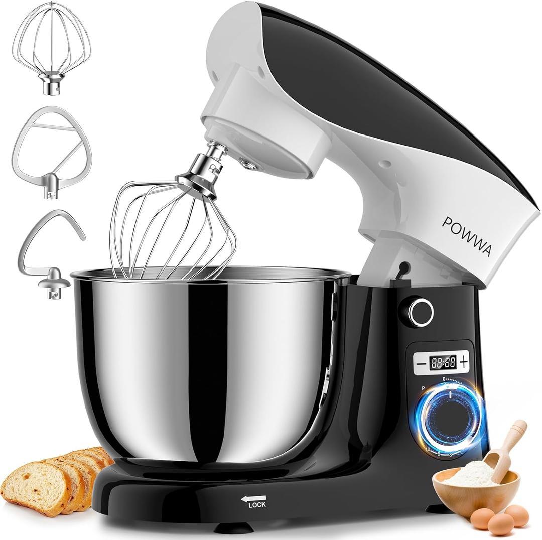 Stand Mixer, POWWA 6.5 QT 10 Speeds Tilt-Head Electric Stand Mixer, 3-In-1 Kitchen Mixer with Bowl, Dough Hook, Whisk and Beater, Food Mixer for Baking and Daily Use (White Black)