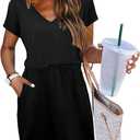 Womens Summer Dresses 2025 Casual Tie Front Short Sleeve A Line Midi Shirt Dress Beach Vacation Clothes (Black, S)