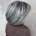 TISHINING Grey Short Bob Wigs for White Women with Curtain Bangs Chin Length Highlight Gray Natural Straight Hair Wig Synthetic Natural Looking Daily Party Wig Salt and Pepper Wigs for Women