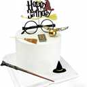 Wizard Theme Birthday Cake Topper Decoration Set with Wizard Glasses Wand Broom Wings Balls Hat Book Accessories for Party Supplies, Standard