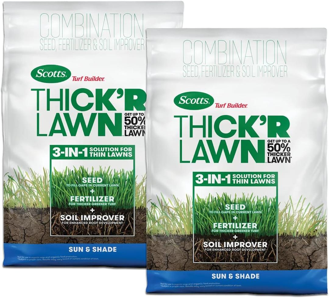 Scotts Turf Builder Thick'R Lawn Sun and Shade, Combination Seed, Fertilizer and Soil Improver, Thickens Thin Grass, 12 lbs., 2-Pack