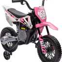 Qaba Kids Dirt Bike with Twist Grip Throttle, 12V Electric Motorcycle, Electric Bike for Toddler with Training Wheels, Rear Suspension & Music, Pink