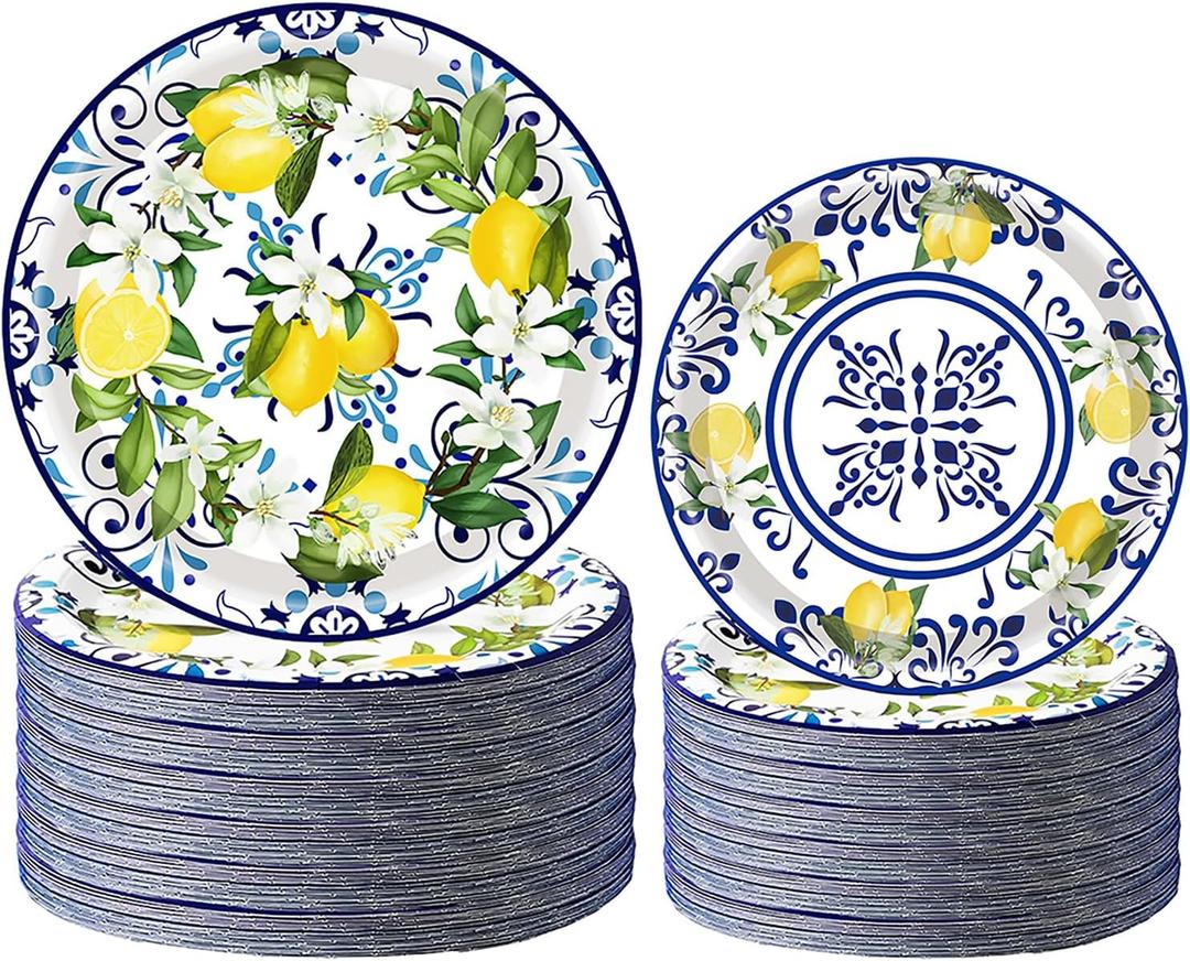 100pcs Capri Lemon Party Plates - Blue & Yellow Lemon Theme Decorations (9" & 7" Plates) (Blue)