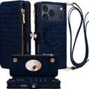 Crossbody Wallet Case for iPhone 17 Pro Max with Mirror, Wrist Strap, Zipper Purse Magnetic Flip, RFID Blocking Card Holder, Wireless Charging, PU Leather Shockproof 6.9" Women (Navy Blue)