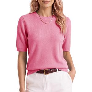 Saodimallsu Womens Short Sleeve Sweater Crew Neck Pullover Summer Lightweight Loose 2025 Knit Tops Dressy Casual Blouse (Pink)