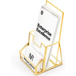 Gold Glass Brochure Holder for 4 Inch Wide Trifold Handouts, Countertop Clear Literature Pamphlet Holder Flyer Display Stand with Business Card Holders for Magazines, Booklets, Menu, Journals