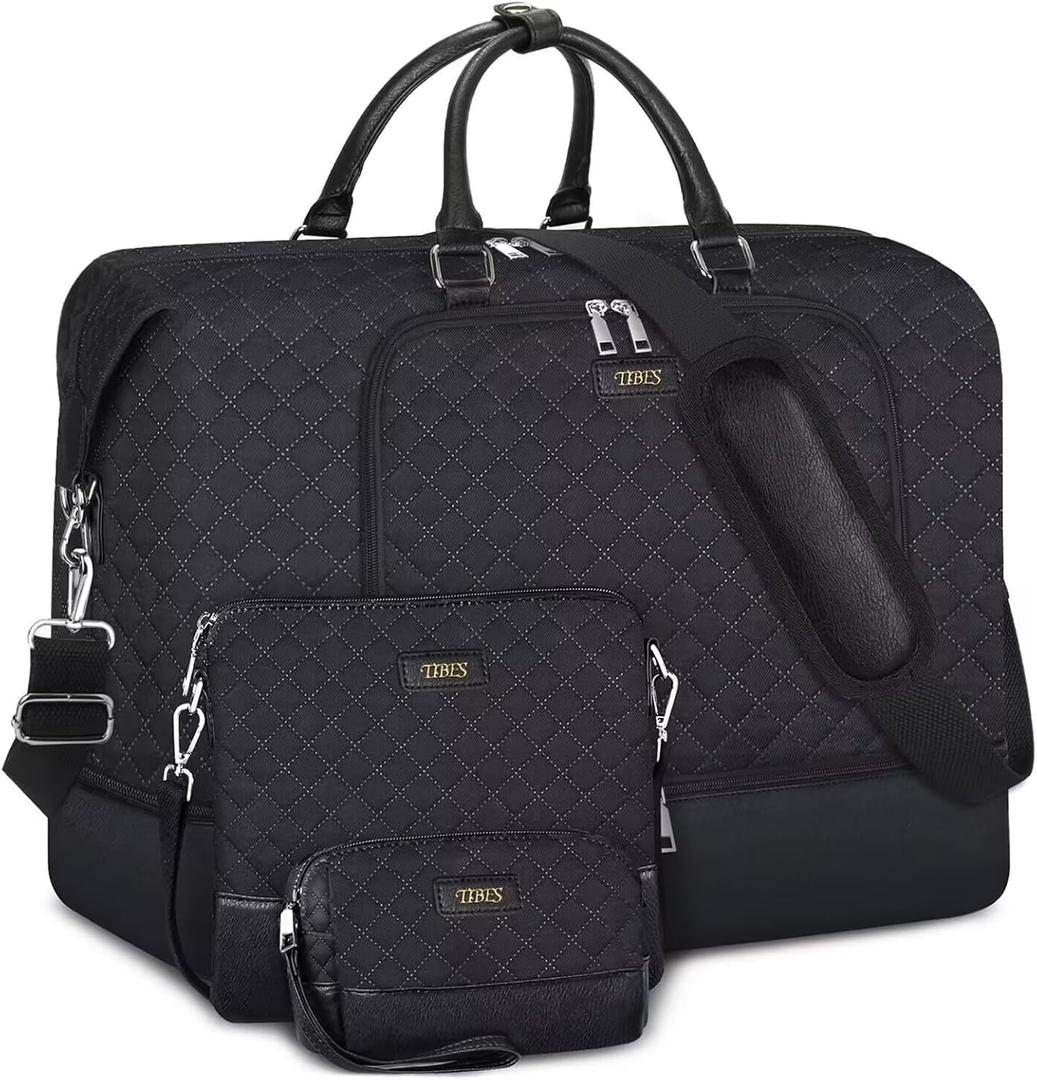 Travel Weekender Bag for Women, 21" Overnight Bag with Shoe Compartment 50L Large Travel Duffel Bag Carry On Tote for Weekend, Overnight, Business Trips, Water Resistant (F-Black 3pcs)