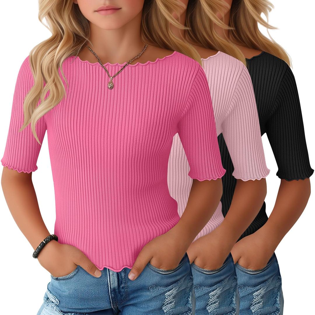 Oakgarden 3 Pack Girls Summer Ribbed T Shirts, 3-Color Set, 9-10 Years