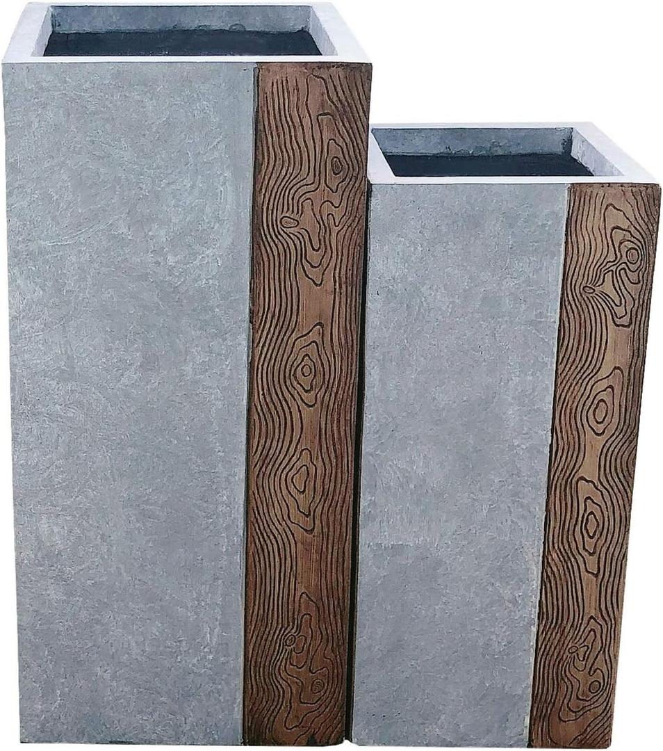 Kante Lightweight Concrete Tall Modern Square Outdoor Planter Set, 28 Inch and 24 Inch Tall, Timber Ridge (11"x11"x24" and 14"x14"x28")