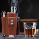 AMANCY Luxury 2 Holder Brown Leather Portable Cigar Case Gift Set, Leather-Wrapped Cigar Travel Humidor Contained 2 Oz Stainless Steel Flask with Lighter and Cutter