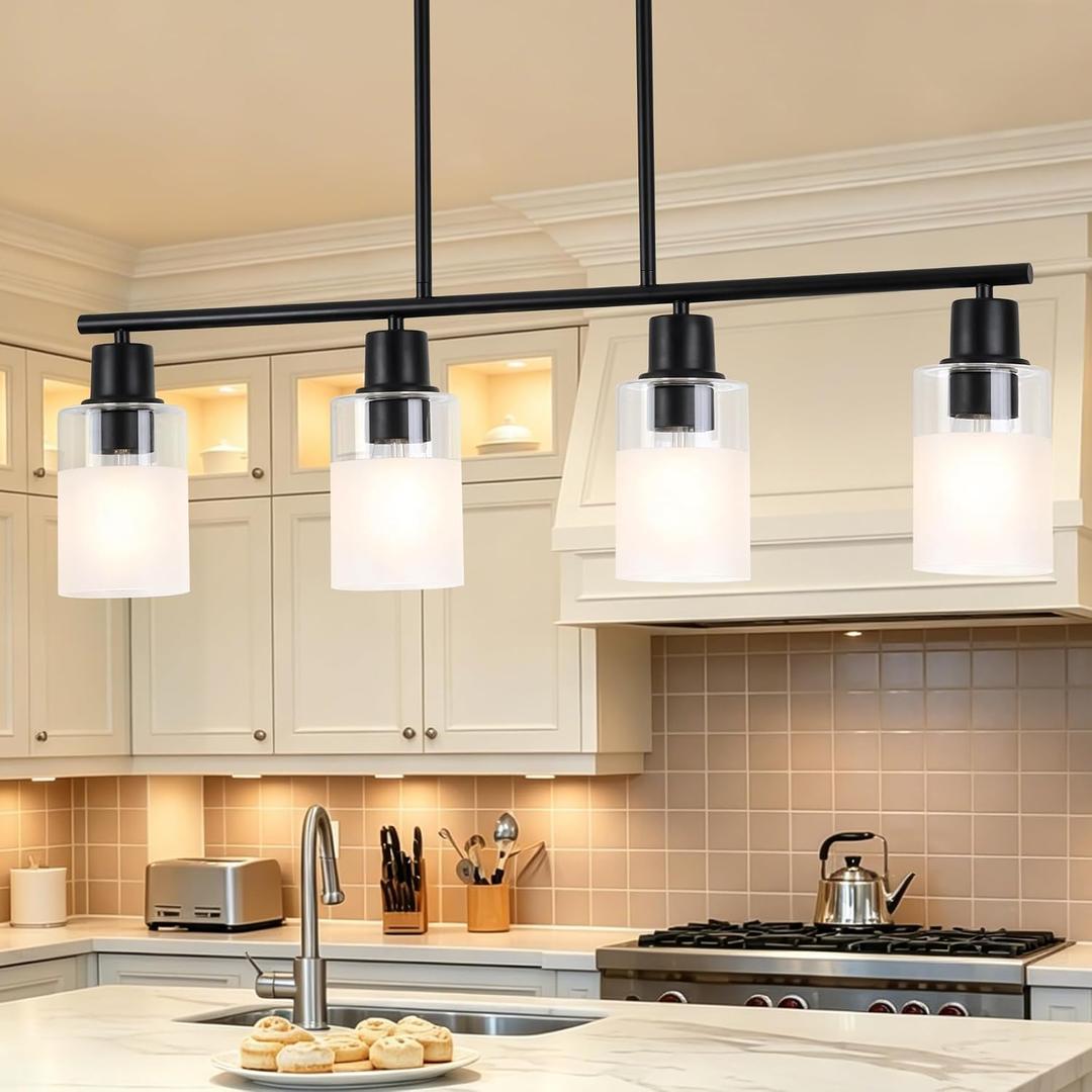 Dining Room Chandelier Light Fixture Over Table with Milk Glass Shade, 4-Light Island Light Hanging for Linear Pendant Light for Kitchen Island Table Living Room with Adjustable Rods, Metal Black