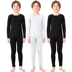 Silkfly Boys Thermal Underwear Set Base Layer Fleece Lined Underwear for Kids Shirt and Pants for Boys Winter (Large, White, Black, Black)
