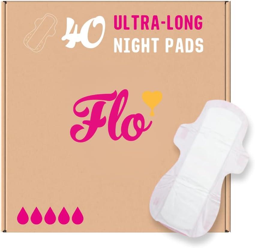 Flo Ultra Long Night Menstrual Pads, 40 Count - Heavy Flow Absorbency, 3D Leak Barrier, Bamboo Rayon, Plant-Based, Vegan, Cruelty-Free
