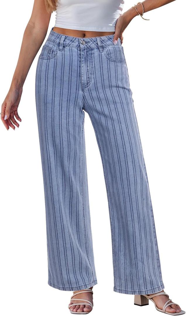 GRAPENT Striped Jeans for Women Trendy High Waisted Wide Leg Dressy Casual Slight Stretch Denim Pants Trouser Jeans (Large, Bay Blue)