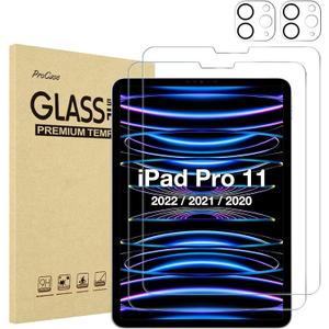 ProCase 2+2 Pack Screen Protector for iPad Pro 11 inch 4th 3rd 2nd 2022 2021 2020 with Camera Lens Protector, Tempered Glass Film for iPad Pro 11" (Clear)