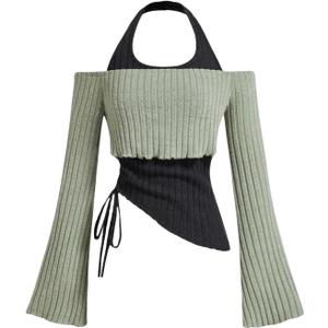 MakeMeChic Women's Rib Knit Y2K Crop Tops Halter Flounce Sleeve Asymmetrical Drawstring Lettuce Trim Tee Top Multicolor X-Small