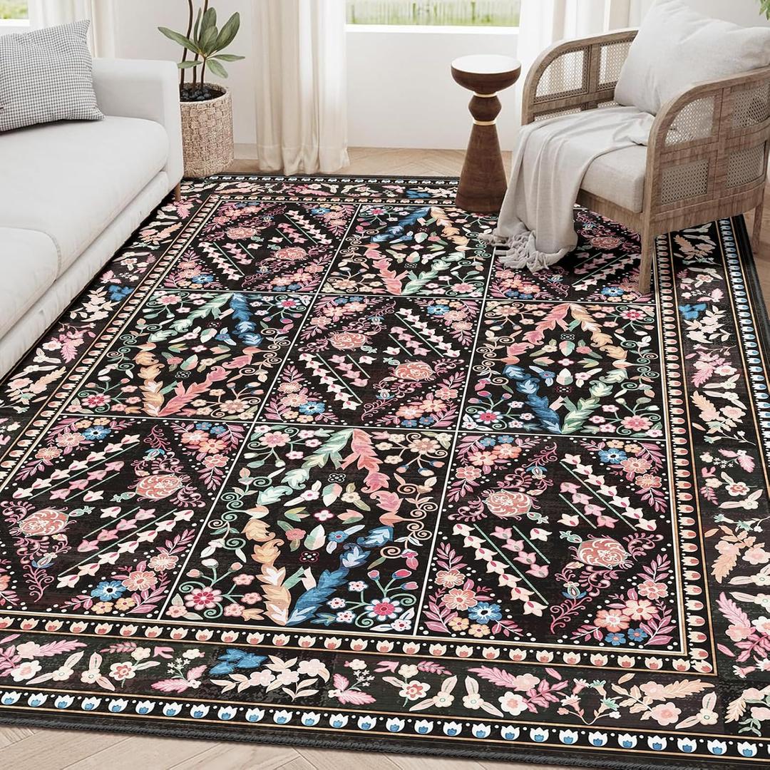 Black Rug 5'x7' - Washable Floral Boho Diamond Area Rug for Bedroom Living Room Bedside, Kitchen,Dining Room,Kids Room, Office, Low Pile Ultra Soft Stain & Fade Resistant Non Slip Carpet