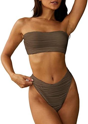 ZAFUL Women Strapless Textured Bandeau Bikini 2 Piece Swimwear Cheeky Solid Lace up Bathing Suits. L size