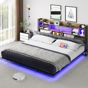 YITAHOME King Floating Bed Frame, Upholstered Platform Bed with RGB LED Lights, Headboard Storage, and Charging Station, No Box Spring Needed,Dark Gray