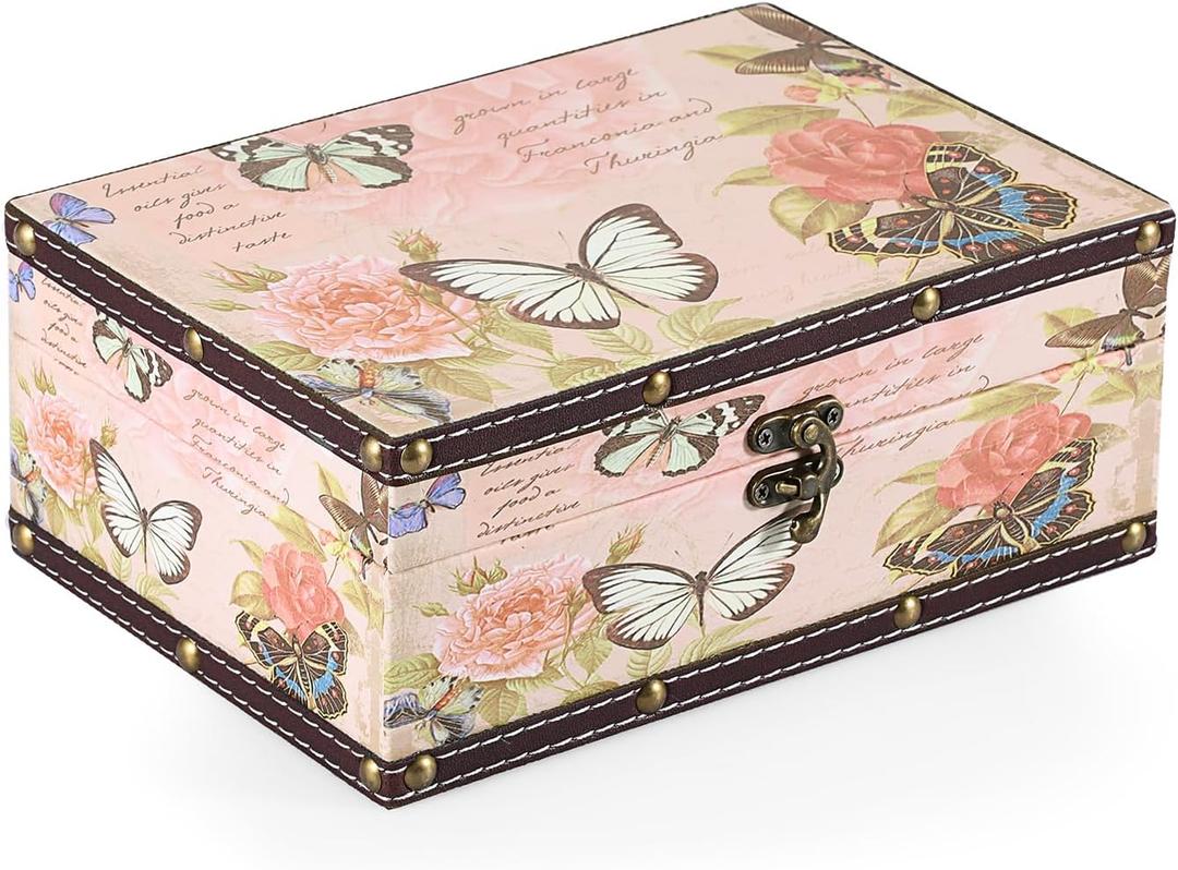 Butterfly Treasure Chest Box, Wooden + PU Leather Storage Decorative Box for Jewelry Trinkets Photos, Rectangular Keepsakes Box for Girls Women Gifts