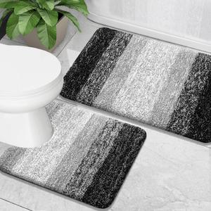 OLANLY Bathroom Rugs Set 2 Piece, Microfiber Bath Shower Mat and U-Shaped Toilet Rug, Machine Wash Dry, Non-Slip Absorbent Shaggy Bath Mats for Tub, Shower and Bathroom (30"x20"+24"x20", Black)