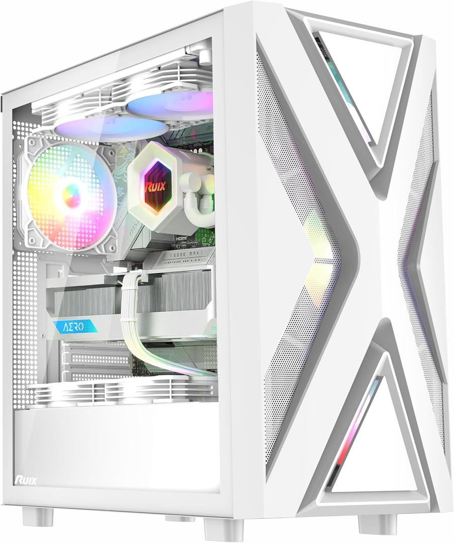 RUIX CV203 ATX Mid-Tower PC Case, Pre-Installed 4 x 120mm RGB Fans, RGB Color Lighting, Tempered Glass, USB 3.0, Multi-Purpose, High-Airflow - White 