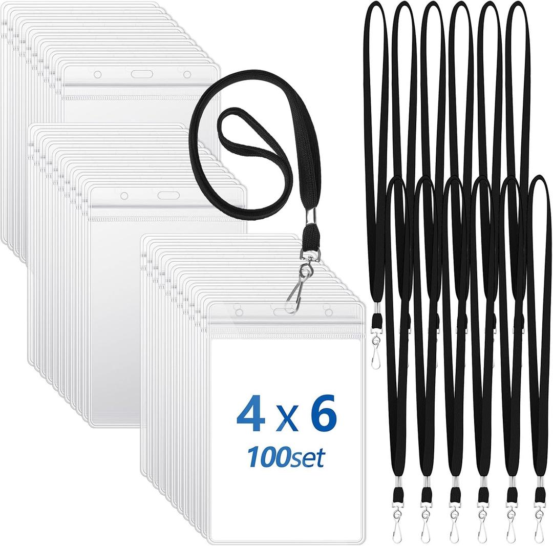Chuangdi 100 Pcs Large 4 x 6 Inch Clear ID Badge Holder with Lanyard Waterproof Vertical Badge ID Card Holders Clear Plastic Tags Transparent PVC Pouch for Office (Black Lanyard)