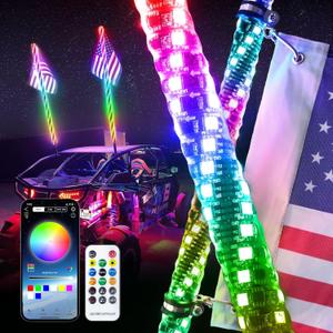 4FT-2PC LED Whip Lights for UTV RGB Chasing/Dancing Light Remote Control APP-Supported, 600+ Color Mode Combinations, RGB Chasing Lighted Antenna Whips for UTV, ATV, Truck, Dune Buggy