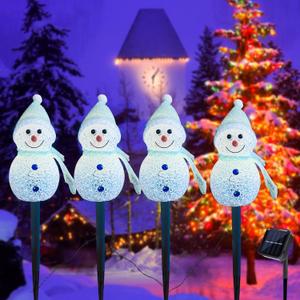 Christmas Blue Snowman Pathway Lights, Solar Powered White Lighting with 4 Stakes with 8 Light Modes for Pathway, Winter Yard, Garden Decor (Blue Snowman)