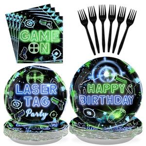Grencian 96PCS Laser Tag Birthday Party Decorations Set - Green, Blue Laser Party Plates, Disposable, Serves 24