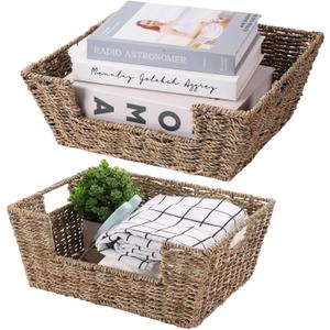 Wicker Baskets for Storage, Pantry Baskets Organization and Storage, Pantry Storage Baskets, Handwoven Baskets for Shelves, 2 Pack, Seagrass