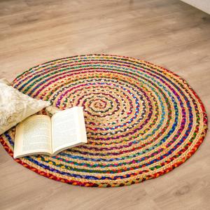 RAJRANG Multicolor Chindi Jute Area Rug Round 3 ft Reversible Rustic Braided Natural Rag Rugs for Living Room Farmhouse Bedroom Home Dcor (3' (Round))