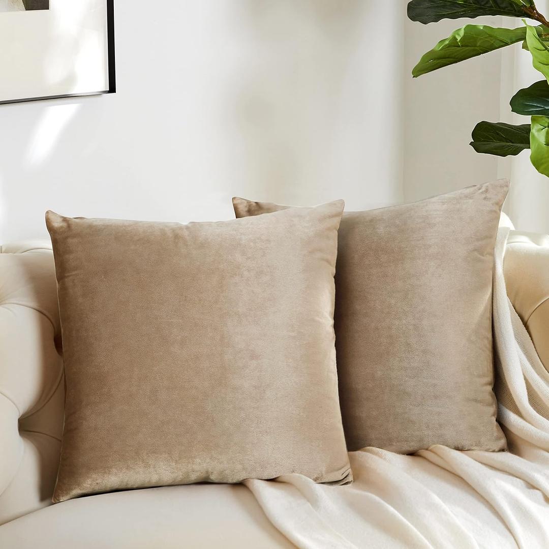 GIGIZAZA Decorative Throw Pillow Covers 16x16,Set of 2 Taupe Square Couch Pillow Covers,Velvet Sofa Boho Cushion Pillows