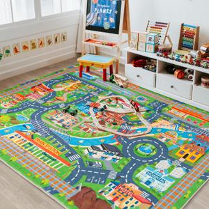 Car Rug Play Mat for Kids Toy Cars, Road Traffic Playmat for Kid Bedroom, Non-Slip Machine Washable Town City Race Track Carpet for Learn and Have Fun 3'x4'/ 36"x48"