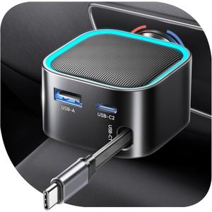 Retractable Car Charger USB-C,Rocoren 57W Type C Fast Car Charging [Ultra-Compact Mini] with Cord Cigarette Lighter Adapter Car Accessories for iPhone 17 16 15 Samsung S25 Ultra Pixel Android