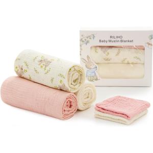 5 Pack Muslin Swaddle Blankets & Baby Burp Cloths, Soft & Breathable Cotton Baby Blankets, Receiving Blankets for Newborn Girl, Nursery Infant Essentials, Swaddling Wrap for Unisex (Pink & White) (1 - Pink & Ivory, Rabbit)