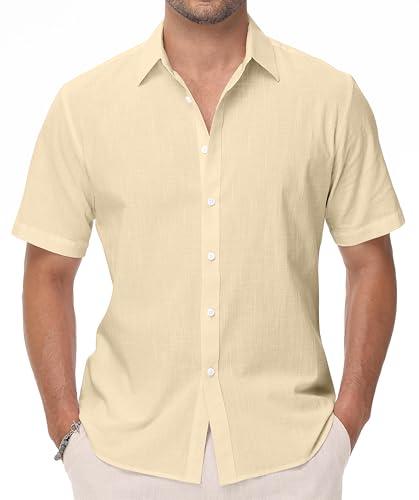 EOUOSS Mens Linen Shirts Short Sleeve Button Down Regular Fit Shirts Casual Vacation Beach Summer Hawaiian Tops Beige Small