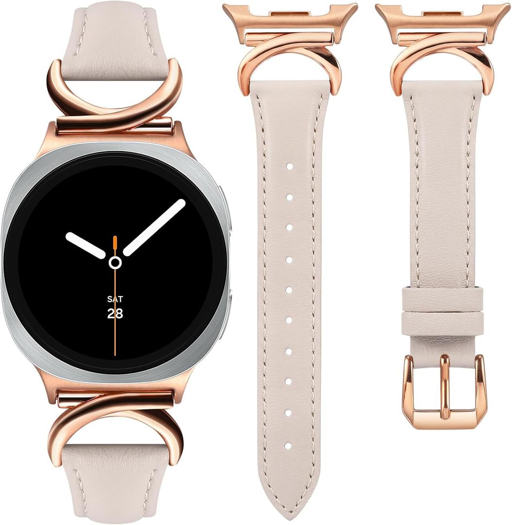 Minyee Leather Band Compatible with Samsung Galaxy Watch 8 40mm 44mm/ 8 Classic 46mm Bands, No Gap One-Click Slim Thin Dressy Leather Strap with C-Shape Metal Buckle Women, NOT for Other Models (Starlight/Rose Gold)