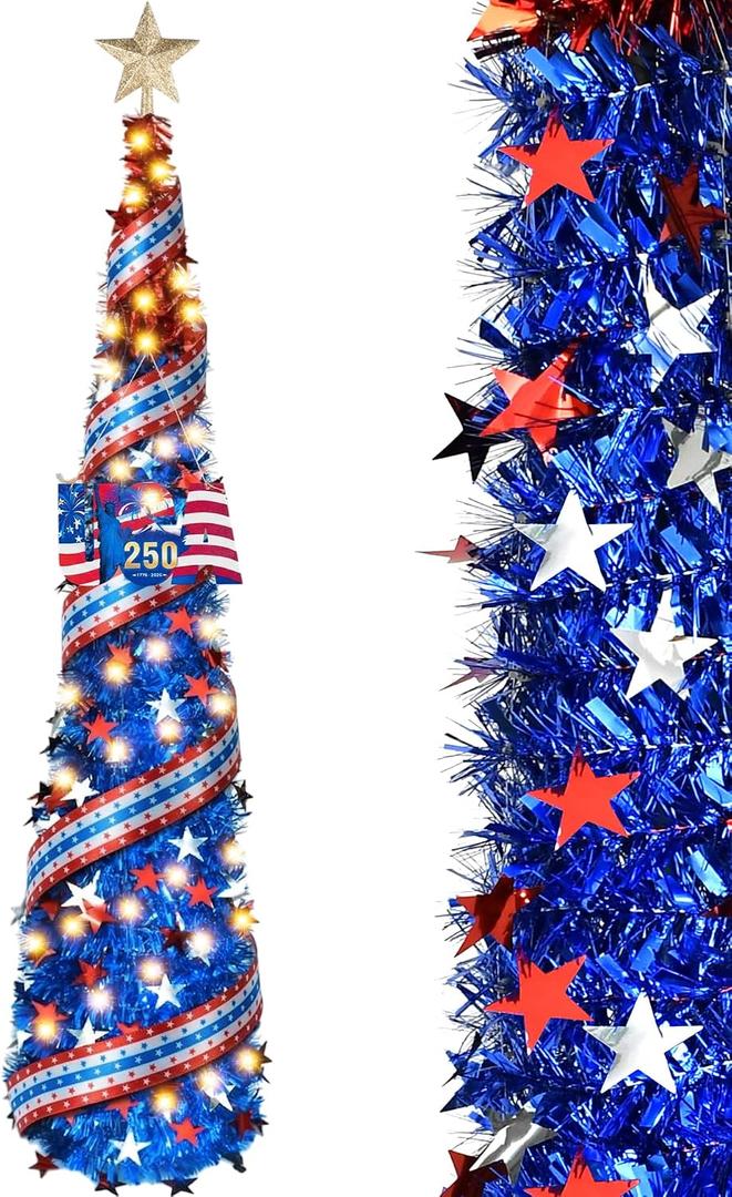 4th of July Decorations Pop Up Tinsel Tree 5FT, Patriotic Pencil Tree with 50 LED Battery Operated Lights & Timer, Collapsible Independence Day Tree with Star Topper & USA 250th Anniversary Sign, Blue