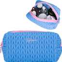 Sylune Knitty Bag  Blue Quilted Makeup Bag for Women, Lightweight Waterproof Cosmetic Organizer, Soft Nylon Travel Pouch, Elegant Gift Choice